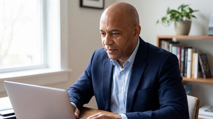 Focused Mature Businessman Working on Laptop in Modern Home Office