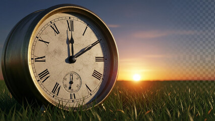 Clock at sunset in field