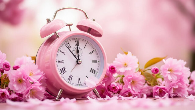 Pink alarm clock surrounded by blossoms