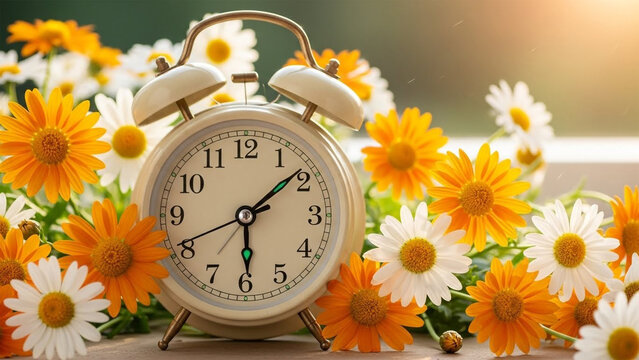 Vintage clock surrounded by bright daisies