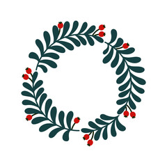 Naklejka premium Christmas wreath vector illustration. Round floral garland with mistletoe leaves, red berries. Festive decoration, botanical frame. Hand drawn clipart for New Years, winter holidays. Isolated on white