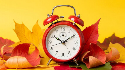 Vibrant red alarm clock surrounded by autumn leaves