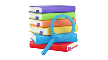 Stack of Colorful Books with Magnifying Glass