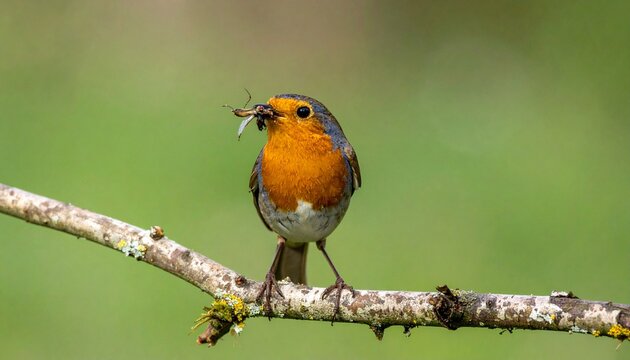 European Robin Perched on Branch with Insect in Beak, Nature Photography.