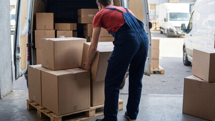 Worker unloading cardboard boxes from a delivery van. Focused on the task, the individual demonstrates efficiency and organization in a logistics setting with multiple packages.