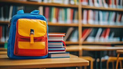Colorful backpack next to stacked books.