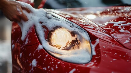 Cleaning a red car with soap and water.