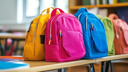Colorful backpacks lined up on a desk.