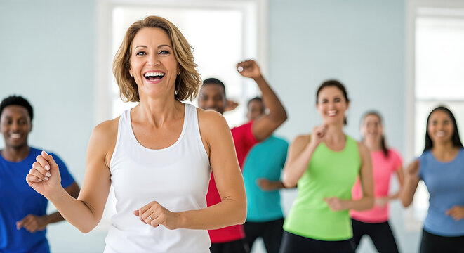 Group of diverse individuals engaged in energetic fitness class, showcasing strength training and exercise routines, with vibrant colors and joyful expressions in a bright gym environment - Powered by Adobe
