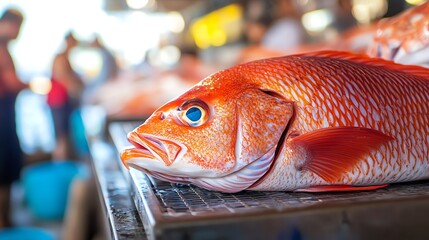 Fresh red fish at a seafood market display.