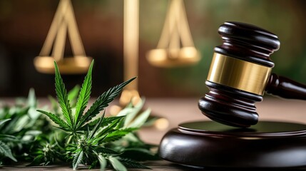 Gavel and cannabis leaves representing justice.