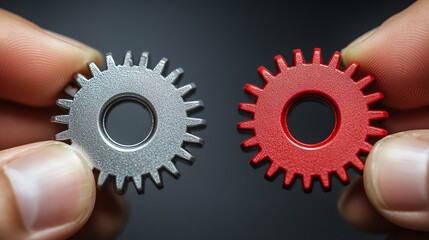 Hands holding red and silver gears on dark background.