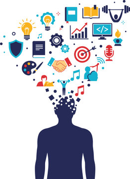 Silhouette of Person with Mind Exploding into Icons of Technology, Business, Art, and Health, Concept of Diverse Skill Sets, Modern Multitasking, and Lifelong Learning Vector Illustration
