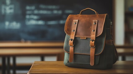 Stylish leather backpack on a wooden desk.