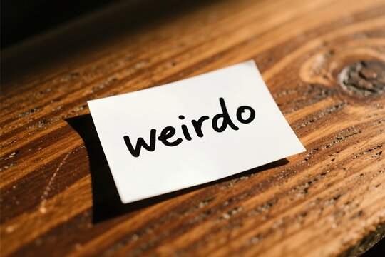 Close view of a handwritten sticky note reading weirdo on textured wooden surface