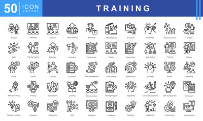 Training icon set featuring practice, workshop, seminar, team building, internship, skills, motivation, instruction, and assessment. Perfect for career development and education projects.