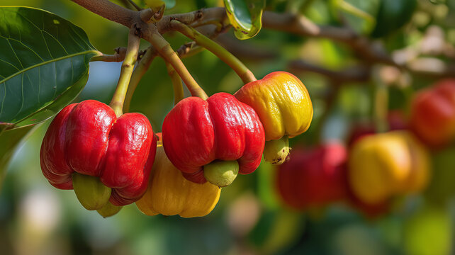 Cashew fruit on the tree with bright red and yellow colors.