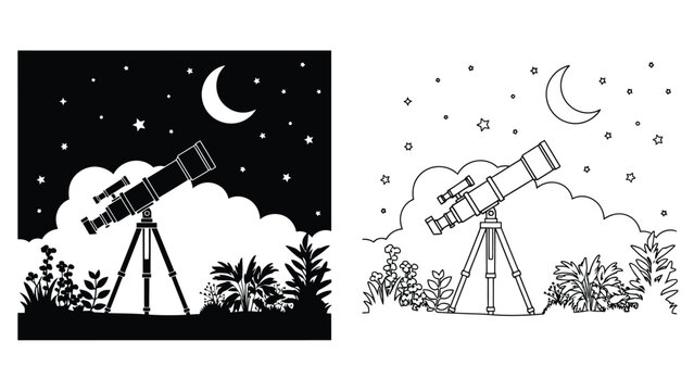 telescope illustrations in two styles for coloring book pages