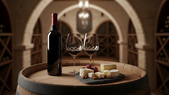 Dark red wine bottle and cheese platter on wooden barrel in wine cellar wine glasses - Powered by Adobe
