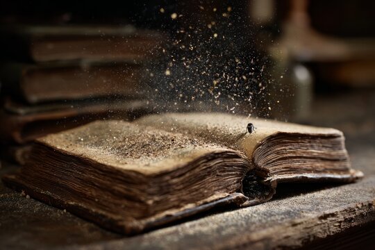 A neglected book in a library, spores rising from its pages like ancient secrets.