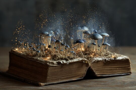 A neglected book in a library, spores rising from its pages like ancient secrets.