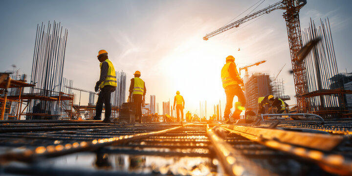 Construction workers at sunset on building site with cranes and scaffolding silhouettes