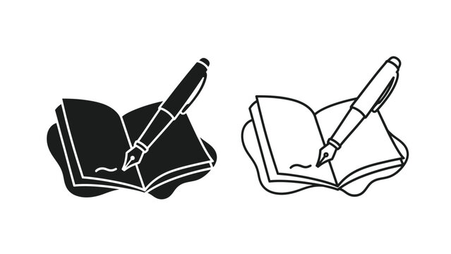 a black and white illustration of two open books with pens