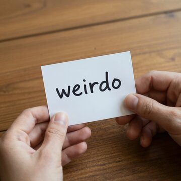 Close up of hands holding a handwritten note labeling someone as weirdo