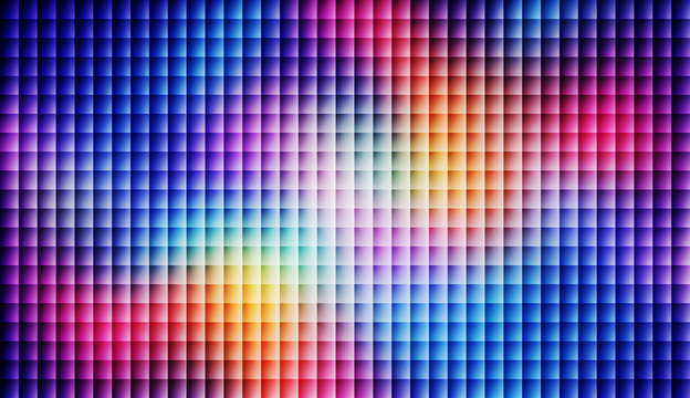 Abstract geometric pixel grid with vibrant rainbow gradient and neon light effects. Modern blurred square pattern with glowing colorful spectrum and sleek digital tech backdrop.