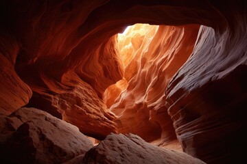 Inside a sandstone slot canyon, sunlight streams through an opening illuminating its textured walls