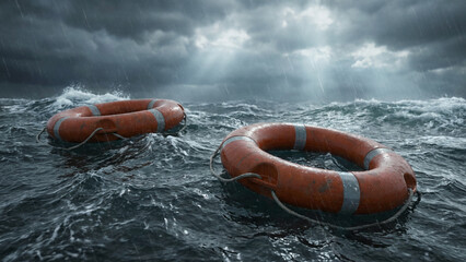 Safety lifebuoy floating on vast ocean water.