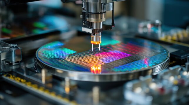 High-Tech Semiconductor Manufacturing Process with advanced machinery and colorful silicon wafers