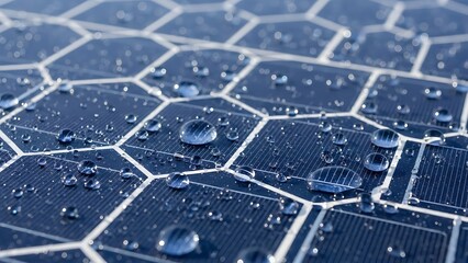 Obraz premium Macro shot of water droplets on a solar panel surface, highlighting the hexagonal pattern and texture of the photovoltaic cells