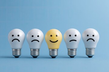 A group of lightbulbs, one smiling and yellow, others sad and white, on a blue backdrop