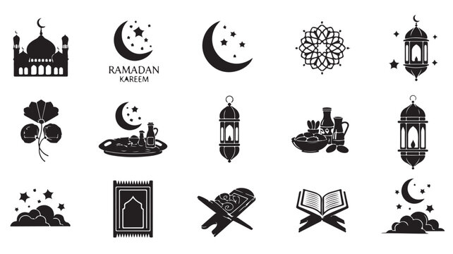 Ramadan Kareem Icons Set with Mosque, Crescent Moon, Lanterns and Quran