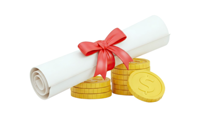 Scroll with Red Ribbon and Gold Coins