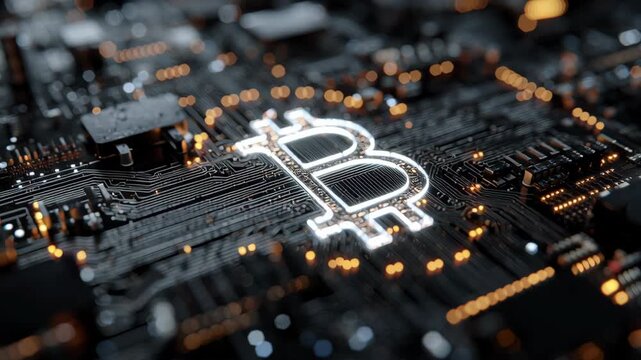AI driven economy digital currency concept with glowing bitcoin symbol blockchain circuit technology