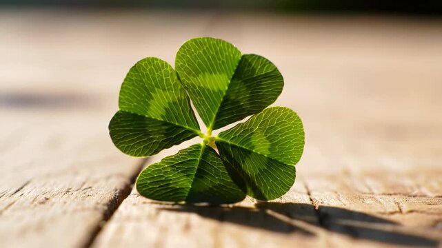 Close-up of a four-leaf clover on a wooden surface, symbolizing luck and fortune.