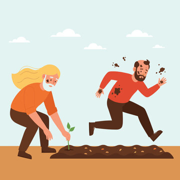 Man and Woman Covered in Mud Splatters While Gardening, Literal Metaphor for Mudslinging and Don&rsquo;t Sling Mud, Concept of Unethical Conduct and Character Defamation Vector Illustration