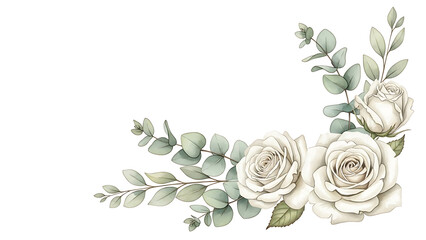 White roses and eucalyptus leaves floral corner design