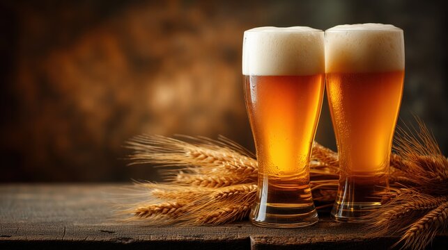 Refreshing Beer in Glasses with Wheat Grain on a Rustic Wooden Table Background
