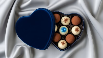 Blue heart shaped box of assorted chocolates on white satin sweets truffles