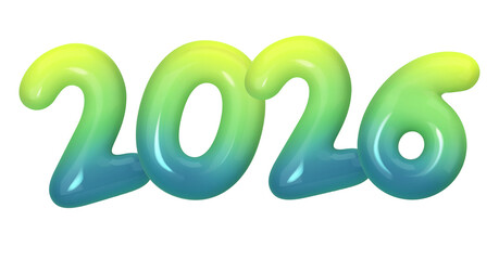 vibrant 3d render of the year 2026 in glossy, inflated balloon style with blue and green gradient.