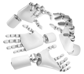 a circular arrangement of robotic hands, symbolizing artificial intelligence, automation, and interconnected technology.