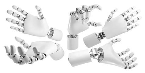 multiple white robotic hands in various open palm poses, isolated on transparent background, 3d render illustration.