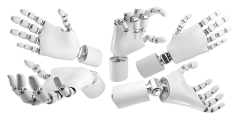 multiple white robotic hands in various open palm poses, isolated on transparent background, 3d render illustration.