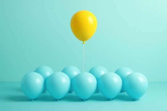 Elevated Distinction: A striking yellow balloon floats above a collection of blue balloons against a serene background, representing uniqueness and upward mobility. 