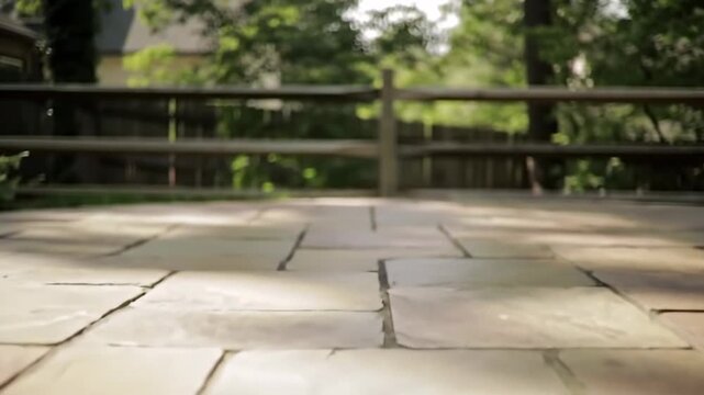 Sunlight dappled stone patio with wooden fence and green trees in the background.