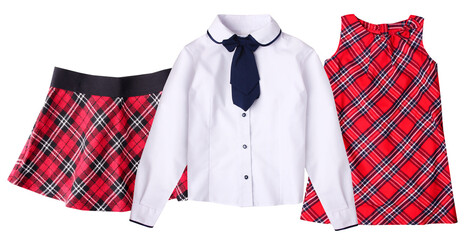 a selection of girls' school attire including a plaid skirt, white blouse with tie, and a sleeveless plaid dress.