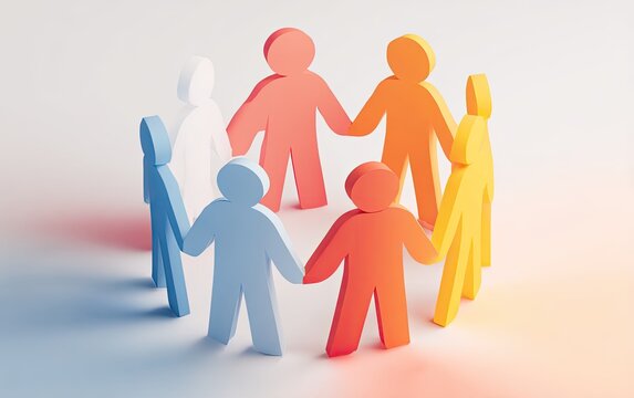 Colorful, stylized figures holding hands in a circle, symbolizing unity and connection